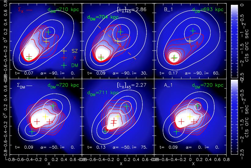 This figure from the research shows some of the simulation results.  The red contours show the X-ray surface brightness, and the white shows the mass density.  Green crosses are centers of mass and red crosses are centers of X-ray surface brightness. Each row is from a separate simulation run with different parameters, and each panel represents a different viewing angle.  The upper middle panel is of particular interest.  He recreates El Gordo's twin tails particularly well.  Image credit: Valdarnini et al.  2024. 